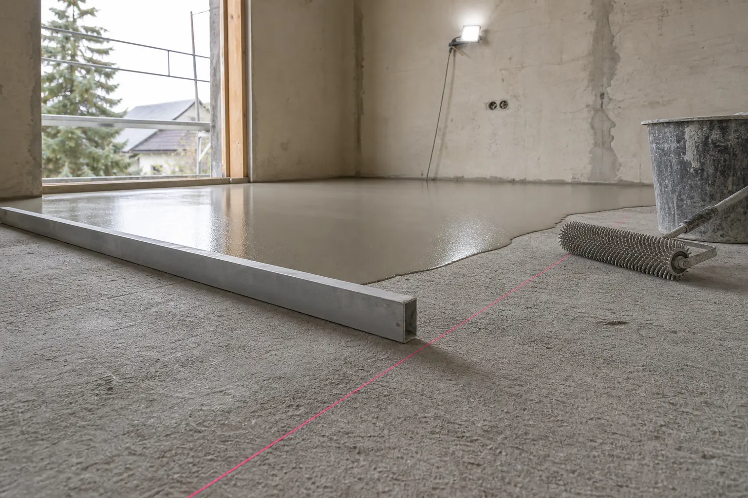 Aluminijasta lata na cementnem estrihu in sveže vlita izravnalna masa